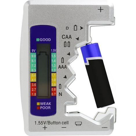 Comprobador digital de baterías para todo tipo de baterías, comprobador de baterías con pantalla LCD, comprobador universal de baterías para AAA, A, C, 9V, D, N, 1.5V y pilas de botón pequeñas. (1/5)