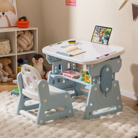 3 en 1 Montessori Table et Chaises pour Enfants Réglable en Hauteur avec Tableau Blanc Inclinable Espace de Rangement pour 3+ Ans Bleu (1/2)