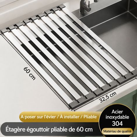 Égouttoir à vaisselle pliable enroulable pour évier 60 x 32,5 cm en acier inoxydable 304 et silicone 60cm 61,5 × 11,3 × 3,3 cm 890 g – Livraison gratuite