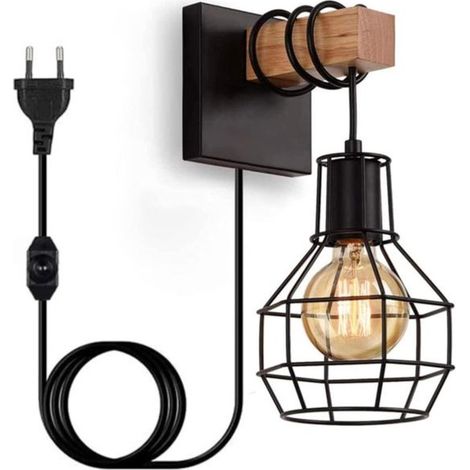Industrielle Wandleuchte – Retro-Design – Schwarz mit Holzdetails – Dimmbar (1/4)
