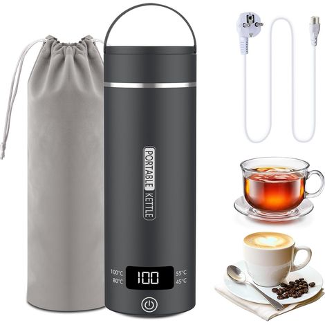 Bouilloire Électrique de Voyage Petite 500ml, Petite Bouilloire de Voyage Rapide Mini Bouilloire Portable 316 Acier Inoxydable Fermeture Automatique pour Thé Café Lait Bébé (Gris Foncé) (1/5)