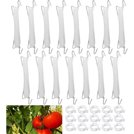 Filiyano-Crochet porte-tomates (blanc), lot de 15 crochets avec corde de 10 m et 15 pinces de fixation, pour le jardin, les fleurs et les légumes. (1/5)