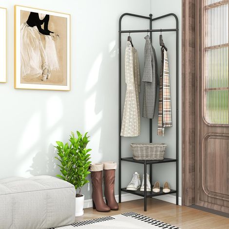 GOPLUS Porte Manteau d'Angle en Métal 194 CM, Porte Manteau sur Pieds avec Cintre Supérieur, 2 Étagères en Treillis et Kit Anti-Basculement, Charge 70 KG, pour Chambre, Couloir, Entrée (Noir) (1/5)