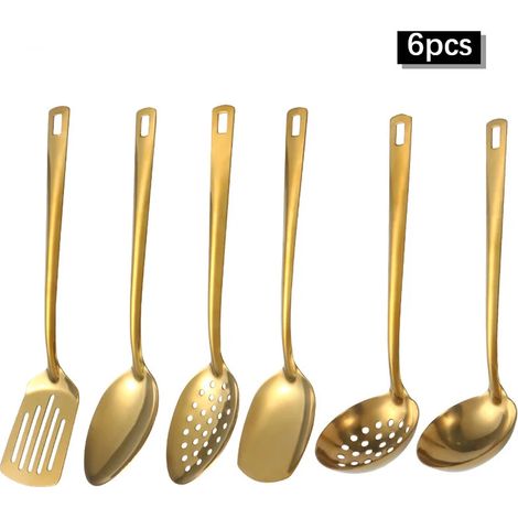 (6 pièces dorées) Ensemble d'ustensiles de cuisine en acier inoxydable avec louches à soupe dorées, cuillères à égoutter et louches à fondue. (1/5)