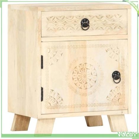 Table de chevet - 282867 - Bois de manguier massif - 1 tiroir et 1 porte - Blanchissant blanc, livré monté (1/5)