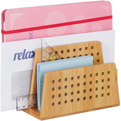 Relaxdays Rangement papiers bureau, Range-documents, Porte-lettres, 2 Compartiments courrier perforés, Format A5, nature (1/5)
