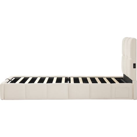Letto bimbi imbottito 90 x 200 cm in velluto beige con rete, contenitore idraulico e USB-C (1/5)