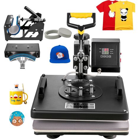 Presse à chaud 38x38cm, 5-en-1 combo, transfert sublimation T-shirt, revêtement Téflon, accessoires mug/chapeau/assiette inclus, certifié ETL/FCC, noir. (1/5)