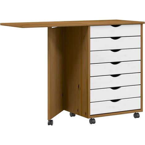 Cajonera con ruedas y escritorio MOSS madera pino marrón miel