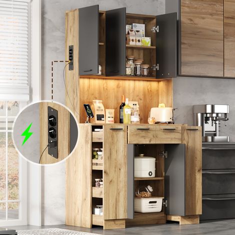 DESMIU Colonne de cuisine avec 4 tiroirs et 4 niches, LED RGB, prise, pour cuisine, MDF, noir naturel, 100 × 40 × 180 cm (1/5)