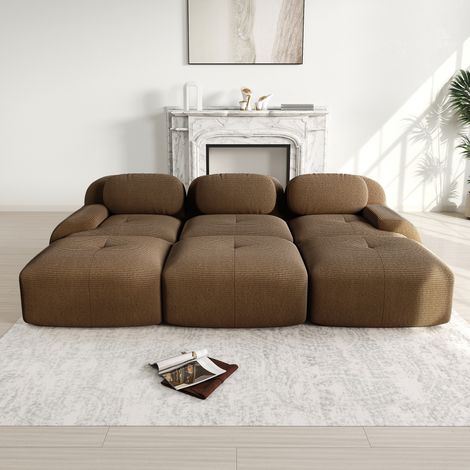 Canapé modulaire 3 places + pouf, Canapé d‘angle velours côtelé marron - Modulaire et ergonomique, Accoudoirs design incurvés - Marron (1/5)