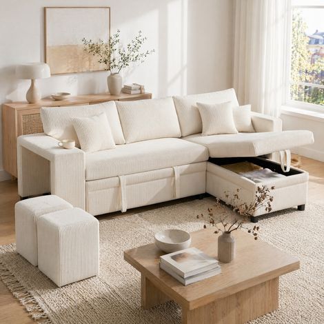 Canapé-lit d'angle convertible 3-4 places en velours côtelé beige, avec rangement dissimulé, ports USB et USB-C, coussins inclus, idéal pour petits espaces  CHICFURN (1/5)