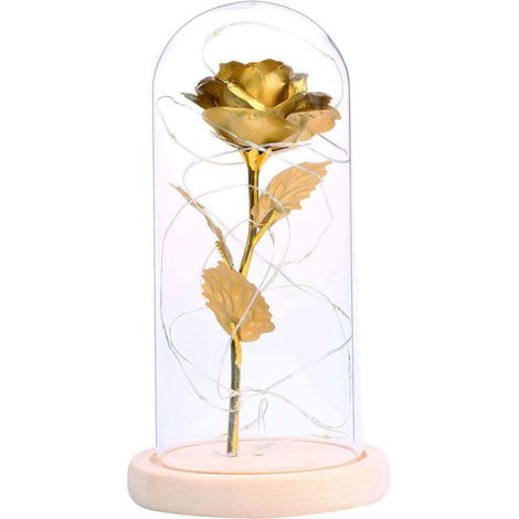 Cadeau d'anniversaire : Rose éternelle illuminée par LED avec couvercle en verre et socle en bois. Idéal pour la Saint-Valentin ou un mariage. (1/5)