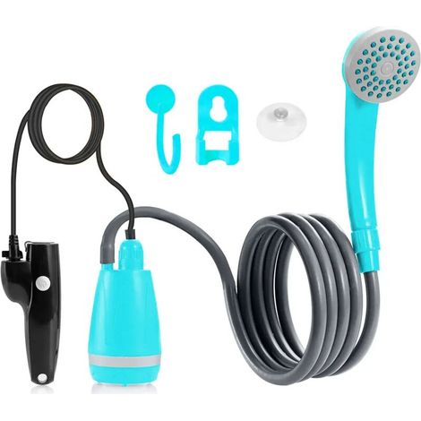 (Bleu sans seau) Kit de douche de camping portable d'extérieur avec débit d'eau de 2,5 à 3,5 L/min, tuyau de 2 m, chargement USB, autonomie de 30 à 60 min.