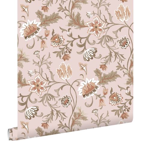 papier peint fleurs vintage vieux rose, terracotta et vert - ESTAhome (1/5)
