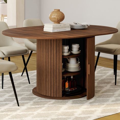 JULIETTE Mesa de comedor redonda extensible para 4-8 personas con patas de listones y almacenaje de nogal 110-150 cm (1/5)
