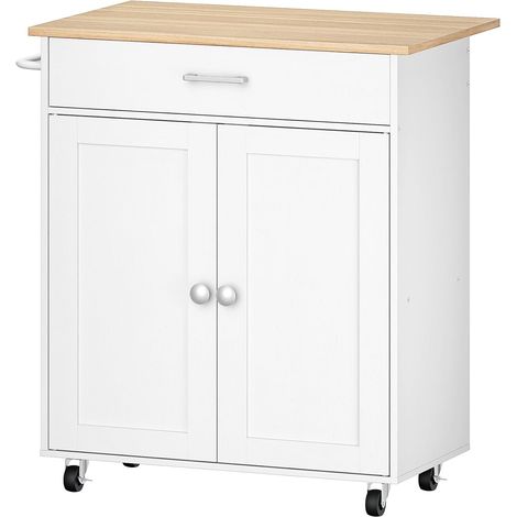 Desserte de cuisine avec compartiment de rangement, avec roulettes et chariots de cuisine avec plan de travail, double porte, table rabattable, meuble, couleur blanc naturel (1/5)
