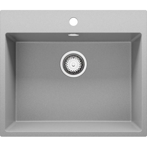 PRIMAGRAN Evier Cuisine en Granit 58x50cm, Lavabo 1 bac + Kit de Vidage, Évier à Encastrer au meuble 60cm - Riga, Gris