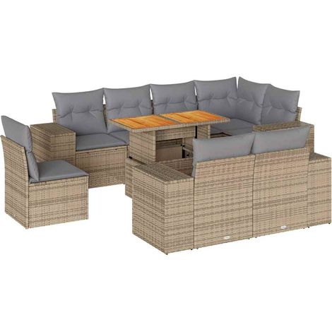 Sedute da esterno - Set Divano da Giardino 9 pz con Cuscini Beige in Polyrattan (1/5)