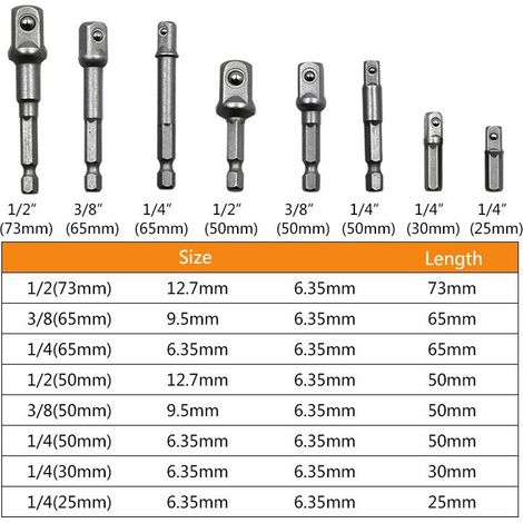 Adaptateur de tige hexagonale à tête carrée, barre de conversion pour la fixation des connexions de brassage électrique avec des embouts de douille de 1/4", 3/8" et 1/2". (1/3)
