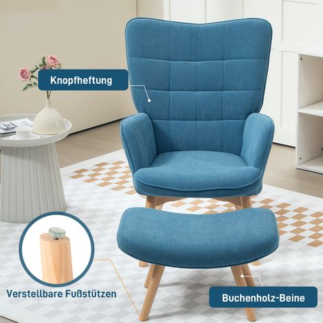 Fauteuil d'accent avec pouf, fauteuil relax velours côtelé, chaise à accoudoirs pieds en bois, pour salon, bleu (1/4)