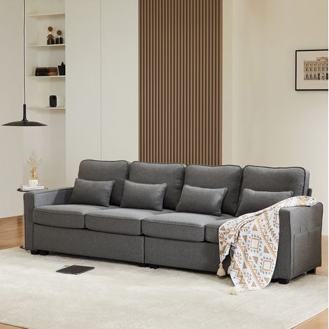 Canapé 4 plazas de lino gris oscuro 264x83x87 cm con bolsillos en reposabrazos y 4 cojines lumbares (1/5)