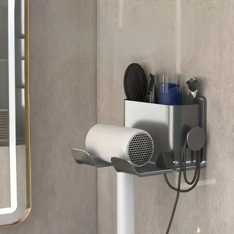 Support mural pour sèche-cheveux avec plusieurs compartiments, support de sèche-cheveux, rangement adhésif pour salle de bain, gris (1/5)