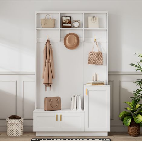 Garderobe mit Bank aus Spanplatte, weiss, 3 Haken, 120 x 40 x 200 cm, mit Schuhablage und verstellbarem Fachboden (1/5)