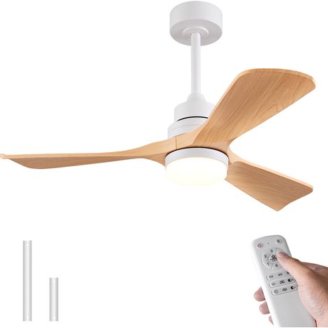 Ventilateur de Plafond Bois Naturel 107 cm avec Lumière et Télécommande, 3 Pales, Moteur DC Silencieux Réversible, Mémoire, Maison de Campagne / Scandinave