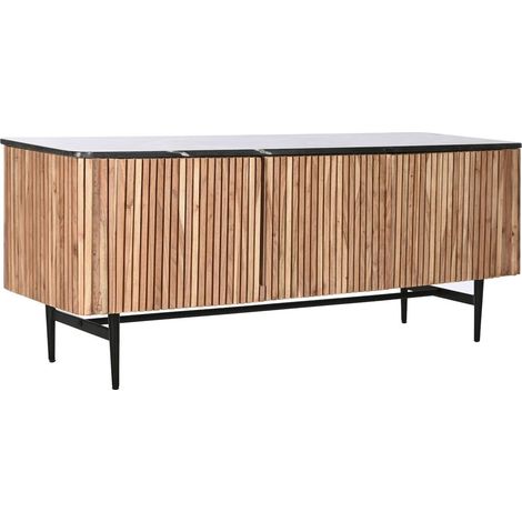 Meuble TV élégance acacia et marbre noir chic - Noir marbré et bois naturel (1/5)
