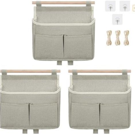 3er-Pack Wandaufbewahrungstaschen aus Baumwolle/Leinen, 25 x 27 x 6 cm – Grau (1/5)