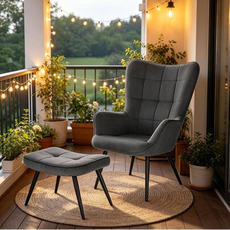 Sillón con reposapiés 50x49x97 cm gris oscuro en pana y metal con respaldo alto (1/5)