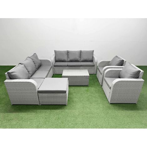 Fimous PE Rattan High Back Lounge Sofa Set Patio Coffee Table & Chairs Set with 3 Seater Sofa Reclining Chair Big Footstool Light Grey (1/4)