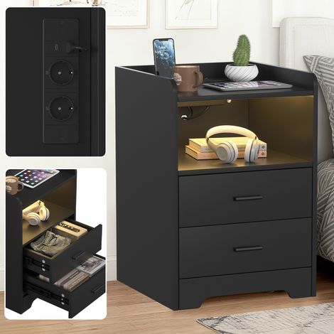 TolleTour Nachttisch Sofatisch mit LED-Beleuchtung Nachtschrank mit Ladestation
(1-St) 2 Schubladen für Schlafzimmer Wohnzimmer Schwarz (1/3)