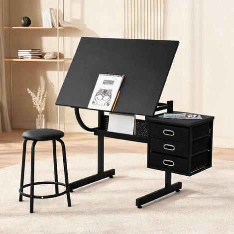 Bureau à dessin réglable 116 x 60 x 75 cm noir avec tabouret (1/5)