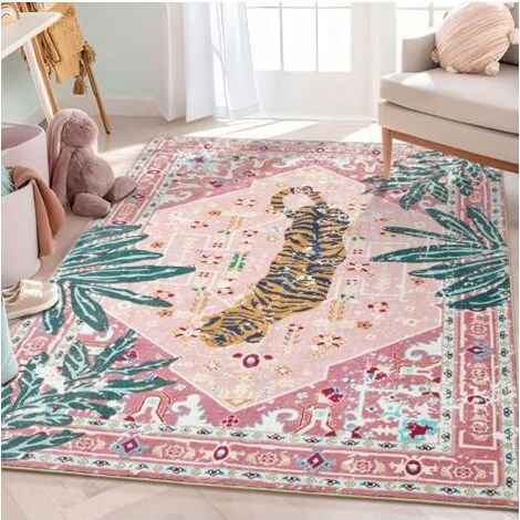 Kaelt - Tapis hippie, tapis bohème rose tropical en fausse laine 6090cm, adapté à la salle de bain, à la cuisine, petit tapis d'entrée intérieur, tapis de sol de style indien rétro moderne et vieilli, (1/4)