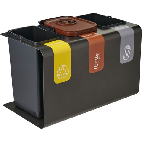 Corbeille de tri sélectif Tribu Biodéchets - 2 x 15l + 1 x 10l - gris manganèse (1/4)