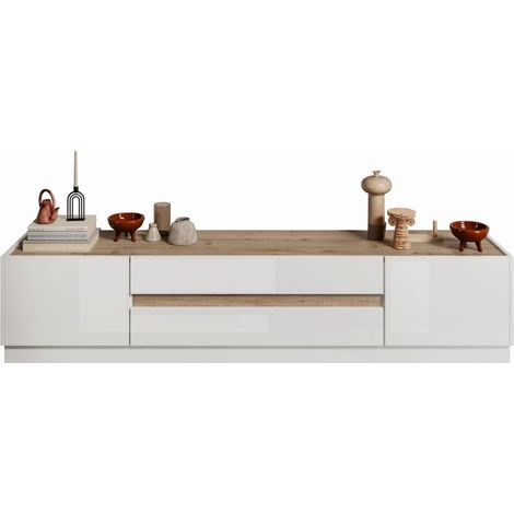 Mueble para TV de 205 cm colección FANZY. Color blanco lacado y roble claro, ideal para un salón de diseño.