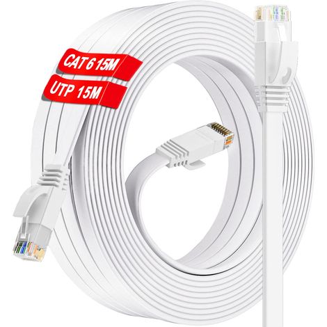 15 m Ethernet-Kabel, Cat 6 Flachkabel RJ45, Hochgeschwindigkeit Weißes Internetkabel für den Innen- und Außenbereich, 10/100/1000 Mbit/s, 250 MHz, wasserdichtes Gigabit-LAN-Kabel für Router/Switch (1 (1/5)