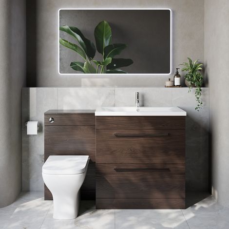 Napoli 460 Brown Oak 1300mm 2 Drawer Vanity Unit Toilet Suite with Glide Basin - 1300mm - Chrome 480mm HandleWith Kingston Toilet Pan and Seat