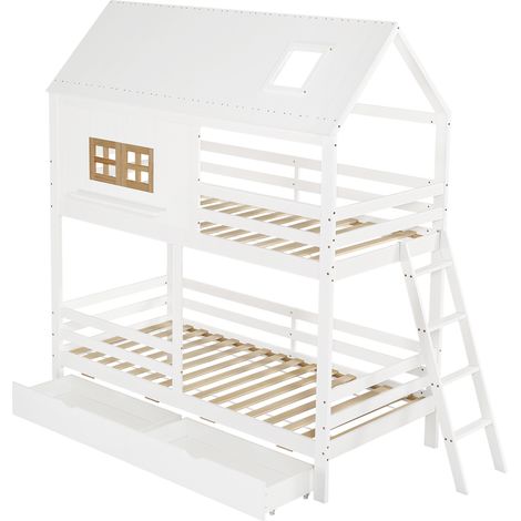 Letto a castello per bambini 90x200 cm con finestra, tetto, 2 cassetti, scala, bianco naturale (1/5)