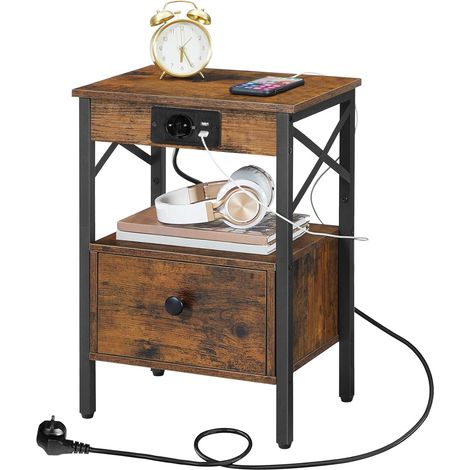 Nachttisch mit Ladestation, Beistelltisch mit Klappschublade, Nachtschrank mit USB-Anschlüsse und Steckdose, Nachtkommode für Schlafzimmer, HOOBRO EBF128CBZ01G1