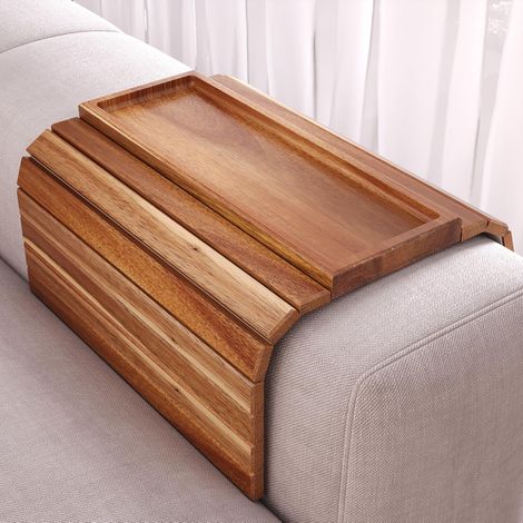 Plateau de canapé en bois d'acacia - Flexible - Plateau d'accoudoirs - Antidérapant - Pour collations, téléphone portable, contrôle, tasses (1/5)