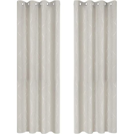 Set mit 2 blickdichten, isolierenden Thermovorhängen, 140 x 245 cm, mit Ösen, bedruckt mit silbernen Linien und Punkten, Hellbeige (1/5)