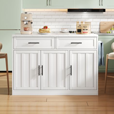 MEUBLIV îlot de cuisine 120x60x91 cm blanc – prises EU, USB, rangements et espace bar (1/5)