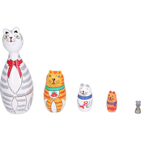 Poupées Gigognes - Chat à Long Cou en Bois - Décoration Intérieure et Rangement - Cadeau Festif - Lot de 5 Pièces (1/5)