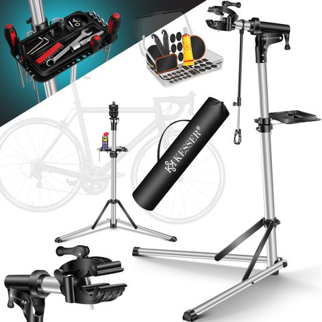 KESSER® Fahrradmontageständer Profi Reparaturständer Aluminium für Fahrräder Mountainbikes E-bike Schwerlast-Montageständer Fahrradständer +Tasche Silber