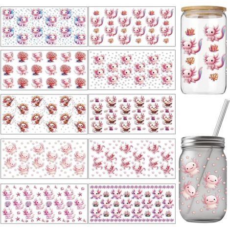 10 feuilles de Salamandre motif PVC tasse transfert autocollants, rose thème animal Salamandre motif UV coupe imperméable autocollants pour 16 oz verre fenêtre décoration (1/5)