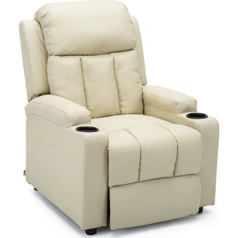STUDIO LEATHER RECLINER w DRINK HOLDERS ARMCHAIR SOFA CHAIR CINEMA GAMING CREAM (1/5)