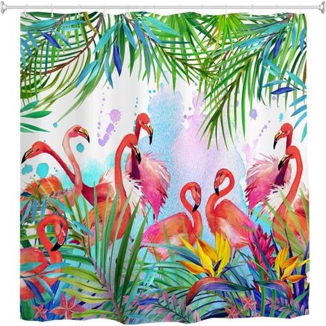 Rideau de douche flamant rose, motif feuilles et fleurs tropicales, tissu imperméable et anti-moisissure (1/5)